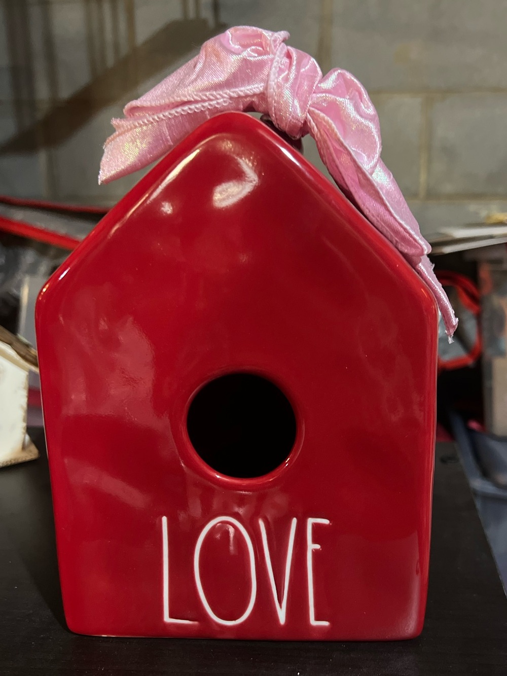 Rae Dunn Red Ceramic 'LOVE' Birdhouse with Pink Ribbon Accent